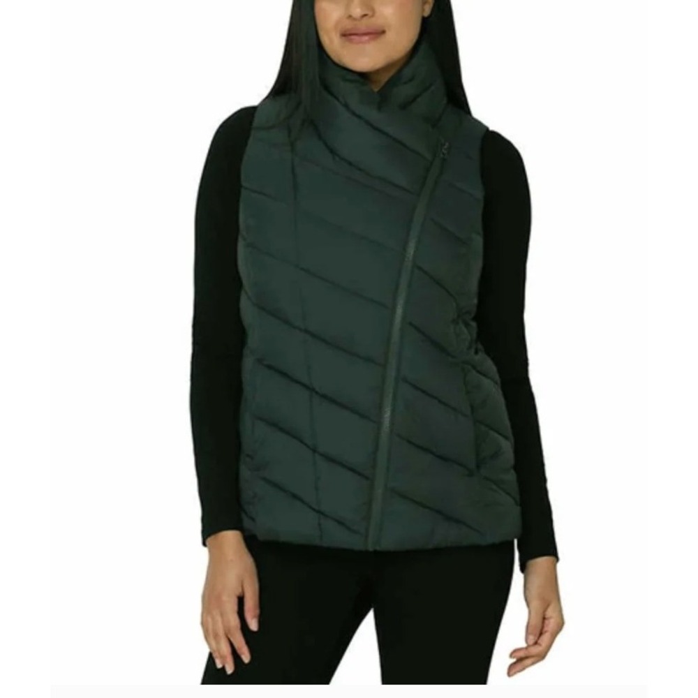 Original Nicole Miller Quilted Puffer Vest S Green Asymmetrical Zip Funnel Neck